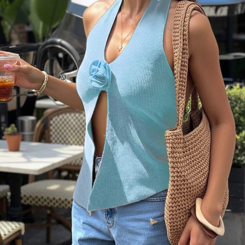Light Blue Knit Halter Top with Rosette